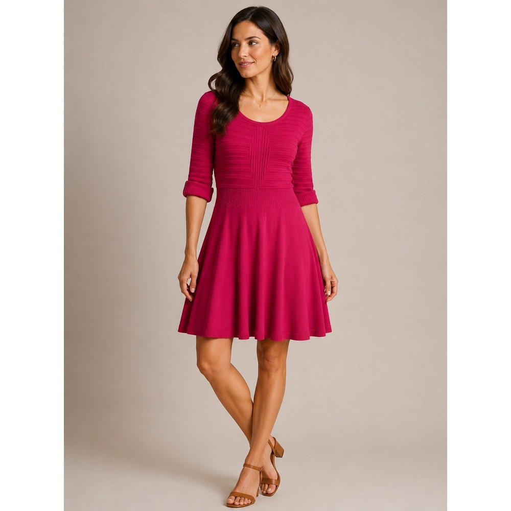 Eliza J Fit & Flare Sweater Dress Womens Large Pink 3/4 Sleeve Textured Knit